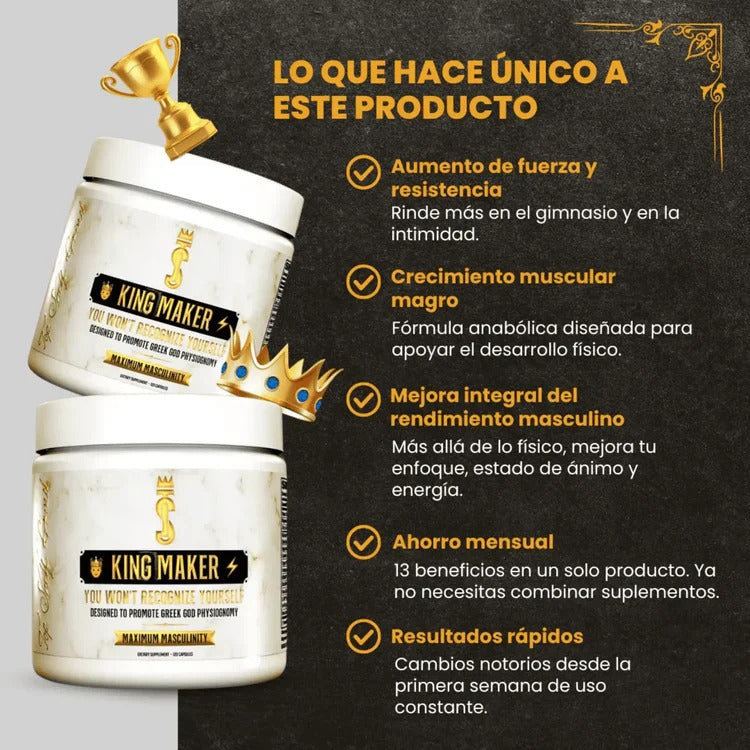💪🔥 King Maker™ – Suplemento con Tongkat Ali, Turkesterona, Ecdisterona, Fadogia Agrestis, betarraga roja, maca negra y zinc (13 en 1) 👑⚡️